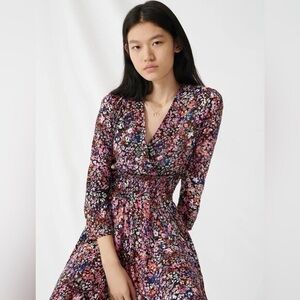 Maje Rayemi floral midi dress black rose print vacation resort wear size 34